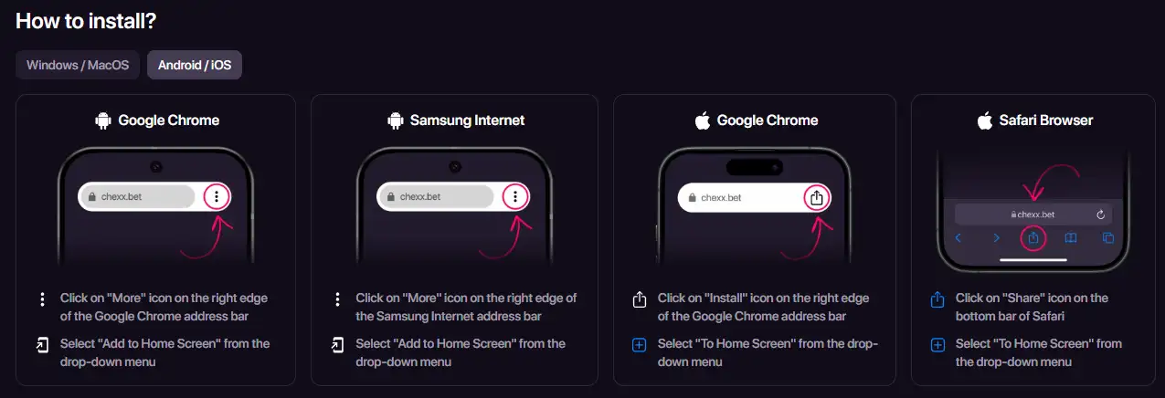 CHEXX PWA installation screen on a supported browser